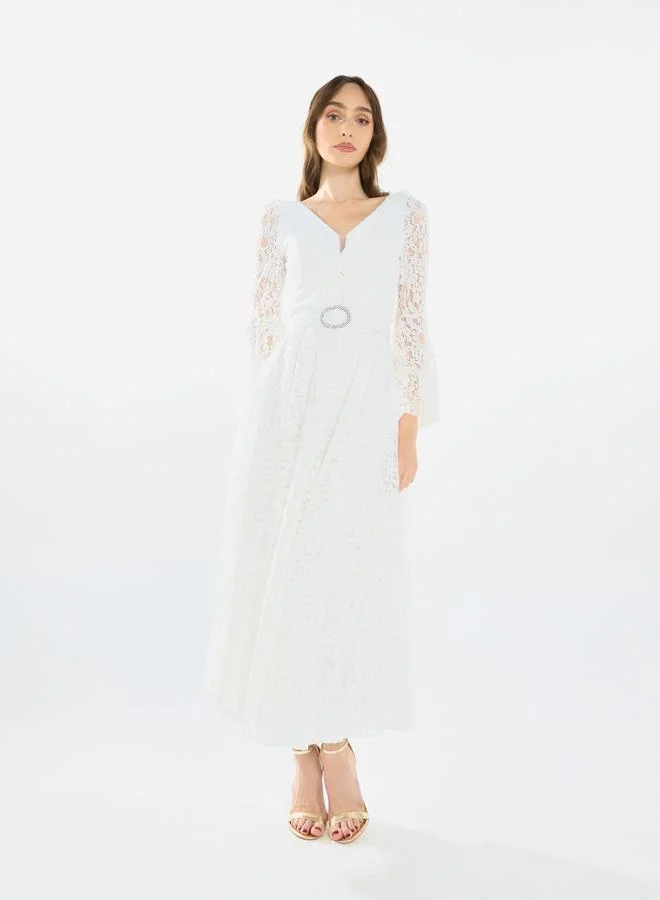 House of Moda Women Lace Flare Sleeve Midi Dress